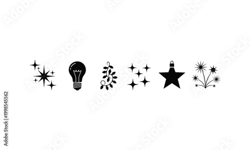 Christmas holiday light bulb, garland, stars, ornament, sparkle vector silhouette.