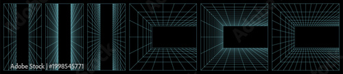 Arcade grid blueprint for y2k lab, game 3d ground. Vertical infographic metaverse of maths bg in space industry floor and walls. Neon effect in simple 80s tile perspective. Square synthwave techno box