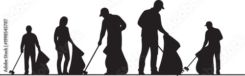 Volunteer group silhouettes cleaning up trash, community service workers with garbage bags and litter pickers, environmental conservation vector