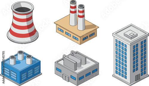 Industrial buildings and power plant vector set with factory, cooling tower and office building