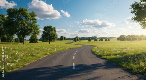 Winding asphalt roadway disappears into a vibrant green countryside under a bright summer sky