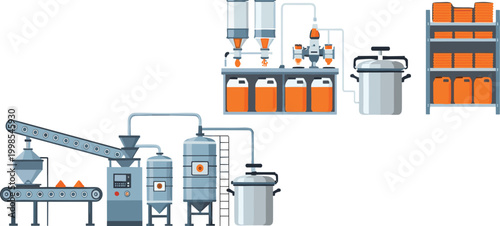 Industrial production line illustration with factory machinery conveyor system tanks and packaging process vector collection