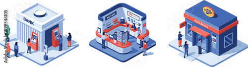 Isometric bank internet service center and post office illustration with people customer service buildings vector collection