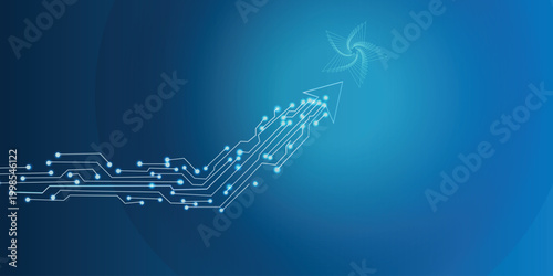 Futuristic blue technology background with glowing circuit lines forming rising arrow, digital innovation and business growth concept banner with copy space
