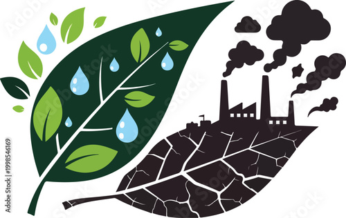 Environmental pollution and nature conservation concept, industrial factory smoke vs green leaf with water drops, climate change vector illustration