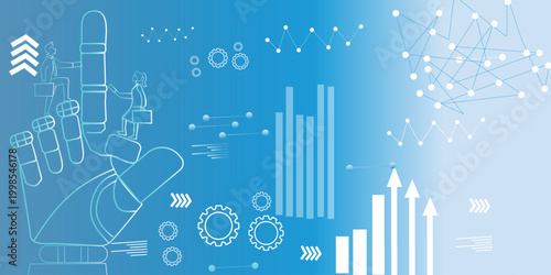 AI automation business concept with robot hand holding people, data charts, network nodes and gears on blue, digital transformation banner