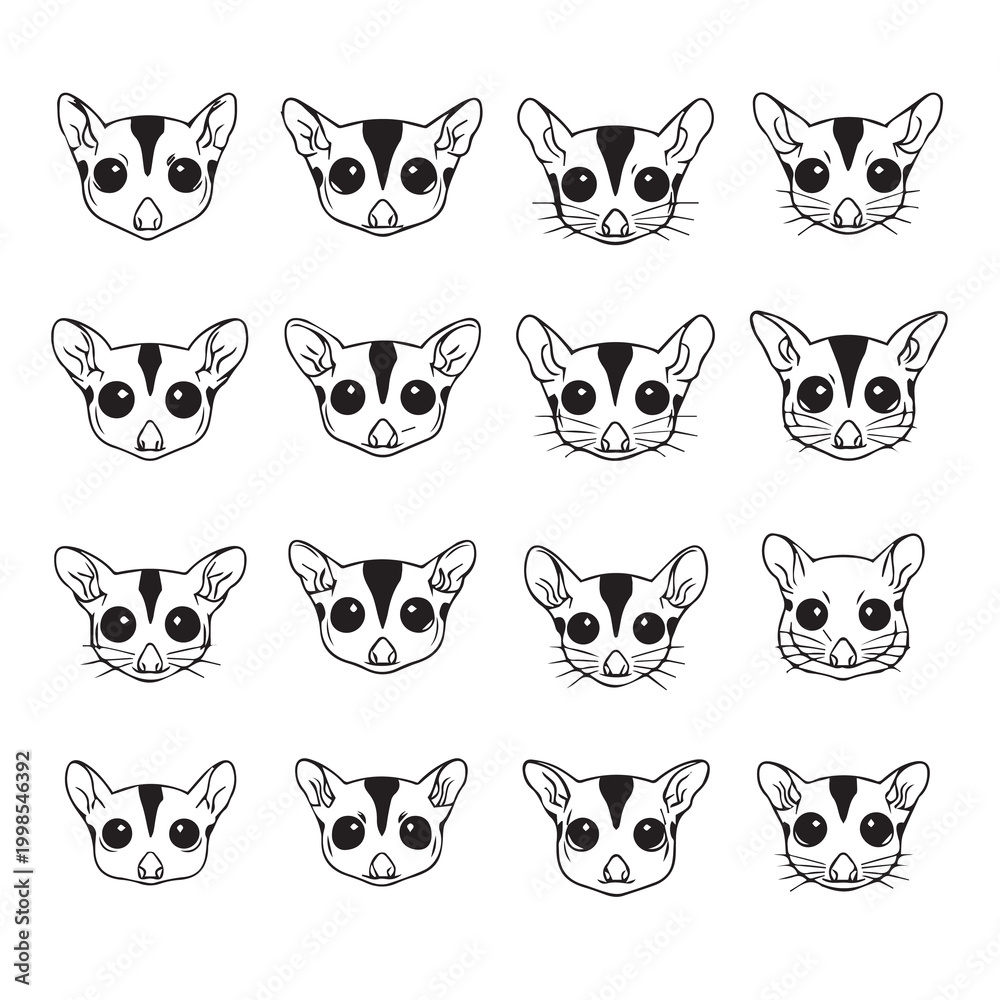 Fototapeta premium Cute sugar glider faces in a grid pattern with various expressions and stylistic variations