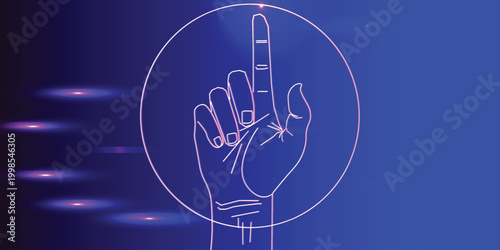 Neon purple hand with pointing finger in glowing circle, futuristic touch interface icon on dark backdrop, web banner template for app UI design style