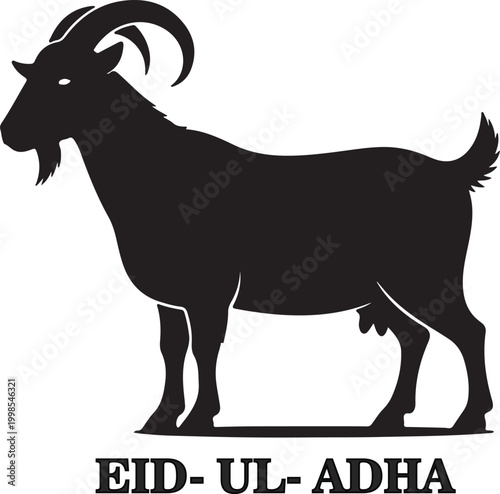 Eid-Ul-Adha goat silhouette vector, black animal profile for Islamic festival, sacrificial goat icon for Qurbani celebration greeting cards