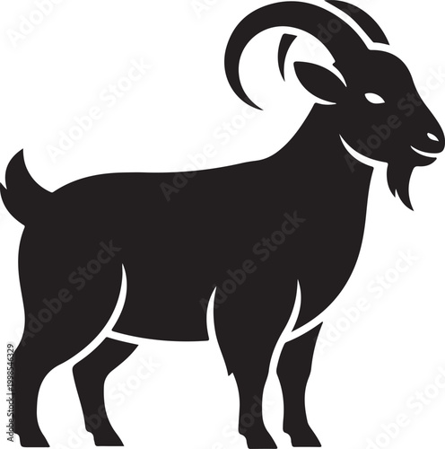 Minimalist goat silhouette vector, black mountain goat icon with curved horns, standing farm animal profile, clean livestock mascot logo design
