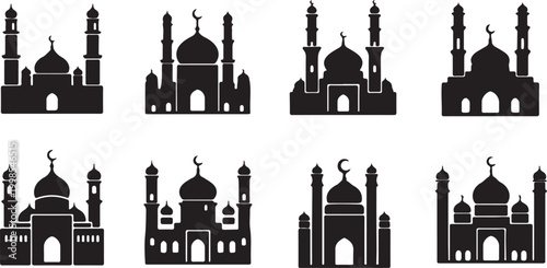 Islamic mosque silhouette icons set, black masjid building vector illustrations, religious architecture collection for Ramadan and Eid greeting cards