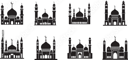 Islamic mosque silhouette icons, set of 8 black masjid vector illustrations with minarets and domes, religious architecture symbols for Ramadan and Eid
