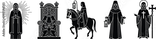 Medieval religious figures silhouettes saint monk cross lantern throne rider faith devotion spirituality authority holiness worship tradition history culture