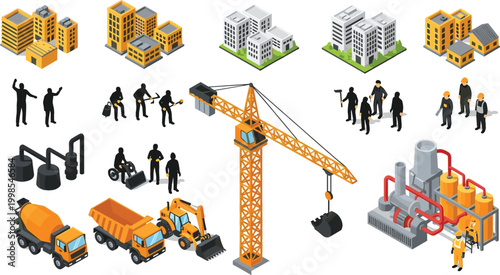 Isometric construction and urban development vector set with buildings, crane, workers and heavy machinery