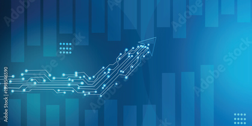 Futuristic blue technology background with glowing circuit lines forming rising arrow, digital innovation and business growth concept banner with copy space