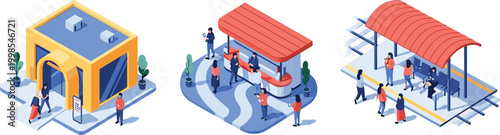 Isometric public transport and city service illustration with bus stop ticket office and urban people vector collection