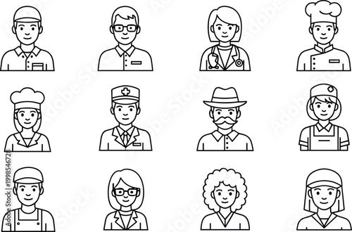 Occupation profession icons set, chef doctor pilot, workplace diversity, career roles, professional attire illustration design