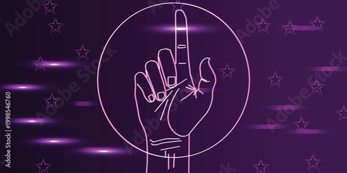 Neon purple hand with pointing finger in glowing circle, futuristic touch interface icon on dark backdrop, web banner template for app UI design style