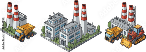 Isometric industrial factory illustration with power plant buildings smokestacks dump truck and heavy machinery vector collection