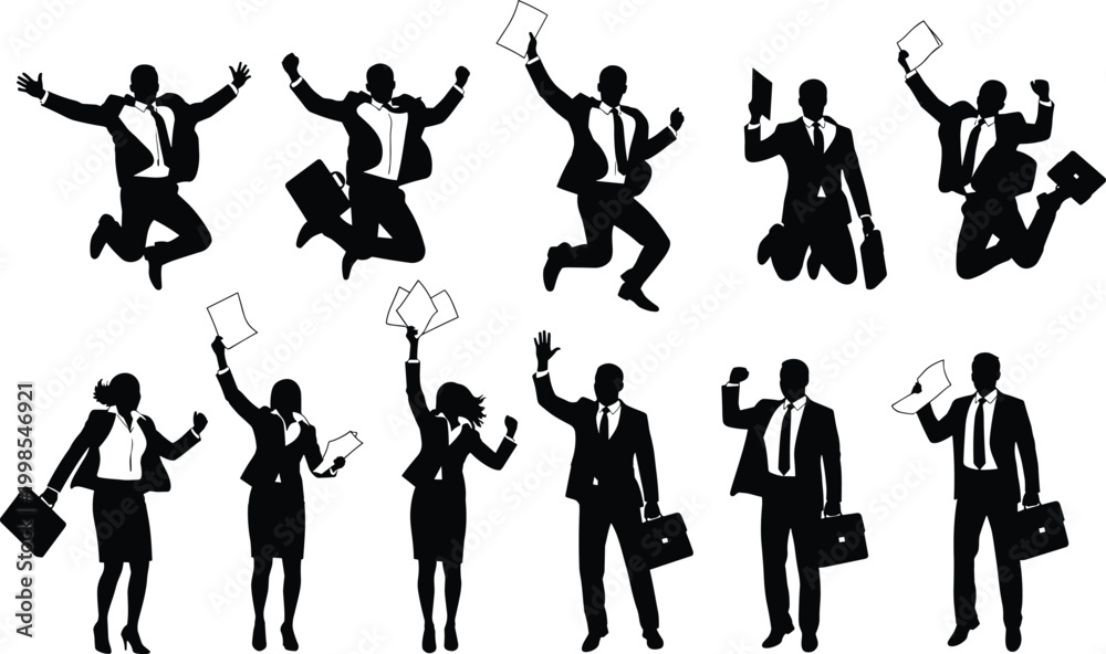 Obraz premium Business professional icons set, teamwork success, corporate achievement, office celebration, formal attire silhouettes, career growth illustration design