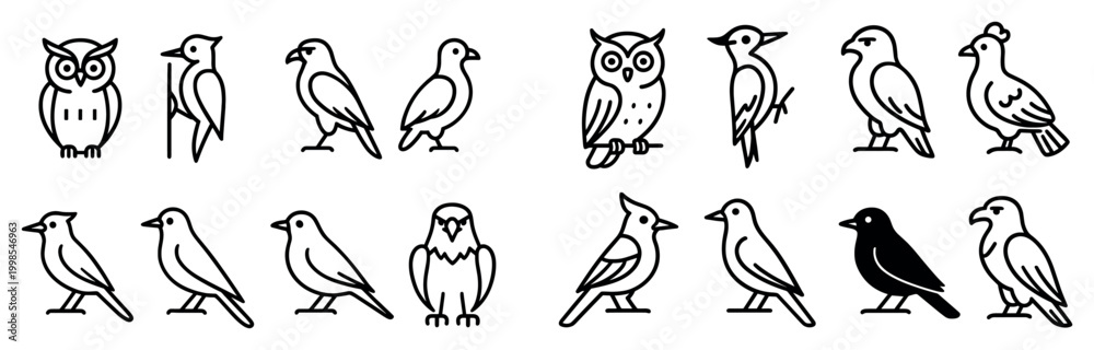 Fototapeta premium Bird icons with owl woodpecker pigeon outline