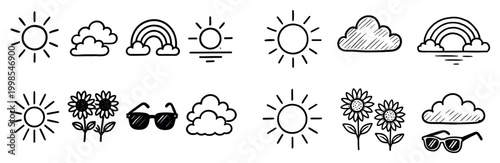 Summer icons with sun cloud rainbow outline