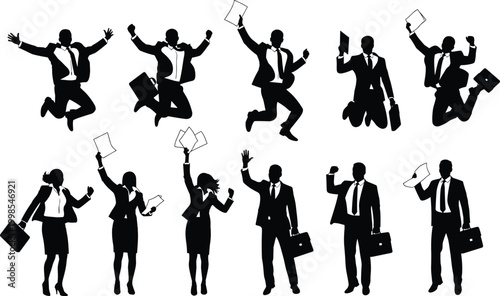 Business professional icons set, teamwork success, corporate achievement, office celebration, formal attire silhouettes, career growth illustration design