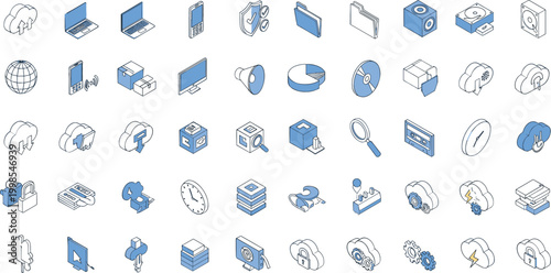 Isometric technology and cloud computing icons vector set with devices, data storage and security elements