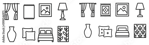 Home icons with curtain vase pillow outline