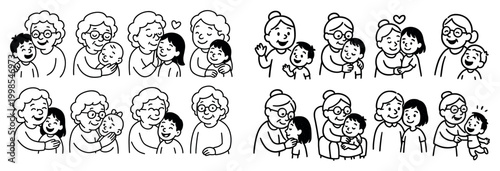 Family icons with grandmother child caregiver outline