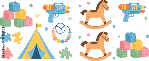 Kids toys and play elements set with blocks rocking horse tent puzzle and colorful children activity vector illustration collection