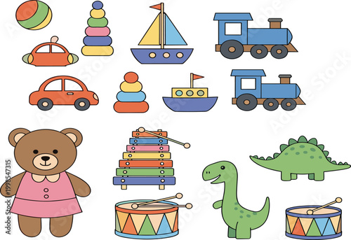 Kids toys illustration set with teddy bear cars train drum dinosaur stacking rings and colorful children play objects vector collection
