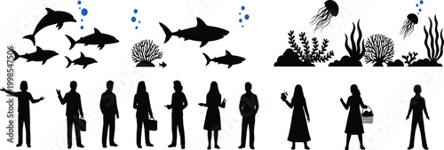Marine life and people silhouettes vector set with sharks, coral reef, jellyfish and human figures