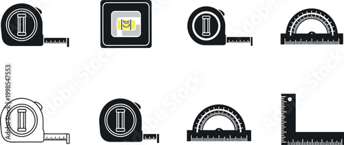Measuring tools icon set with tape measure ruler protractor and construction measurement instruments vector illustration collection