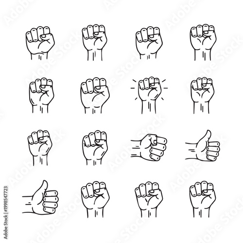 Fist and Thumbs Up Gestures in Clean Outline Style for Symbolism
