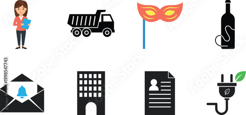 Mixed business and lifestyle icon set with truck mask wine document email building and eco energy vector illustration collection