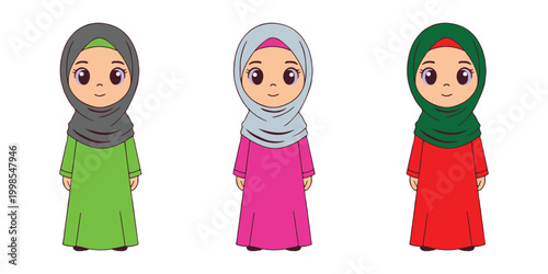 Three cartoon muslim women in colorful hijabs and traditional dress