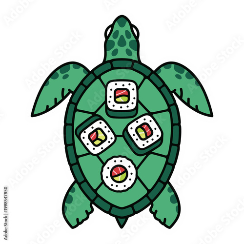 Green Sea Turtle with Sushi Rolls on Top Illustration