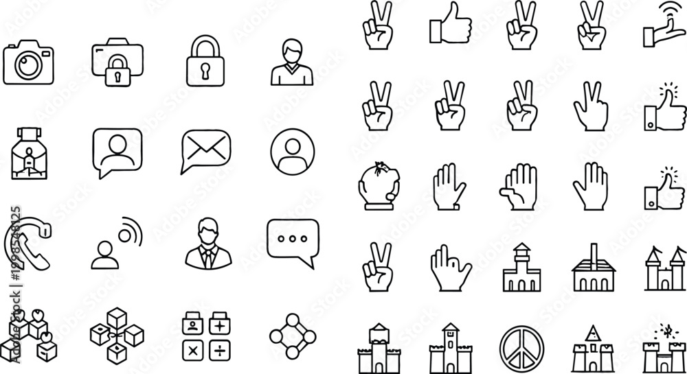 Obraz premium Outline icon set vector illustration with communication, gestures, security and architecture symbols