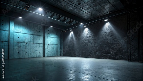 Abandoned industrial warehouse interior, dimly lit empty space, concrete walls and floor, spotlights, urban decay