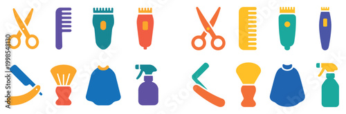 Grooming icons with scissors clippers comb flat