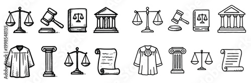 Law icons with gavel scale courthouse outline