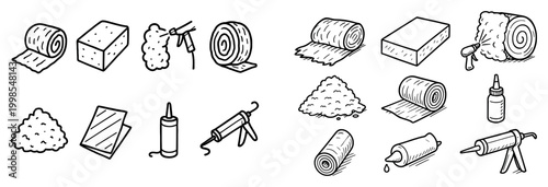 Construction icons with rolls bricks caulking