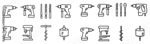 Workshop icons with drills bits and hole saw minimal