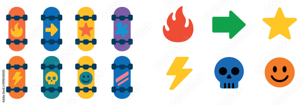 Fototapeta premium Recreation icons with skateboard flame smiley colorful