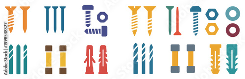Hardware icons with screws bolts anchors flat colorful