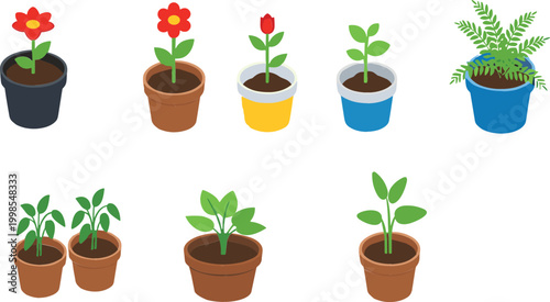 Potted plants and flowers vector illustration set with seedlings, houseplants and garden pots
