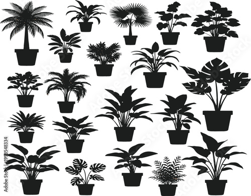 Potted houseplant silhouettes vector set with tropical indoor plants and foliage