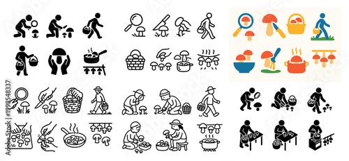 Mushroom foraging icons and illustrations