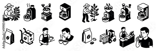 Coffee icons with coffee machine grinder barista minimal